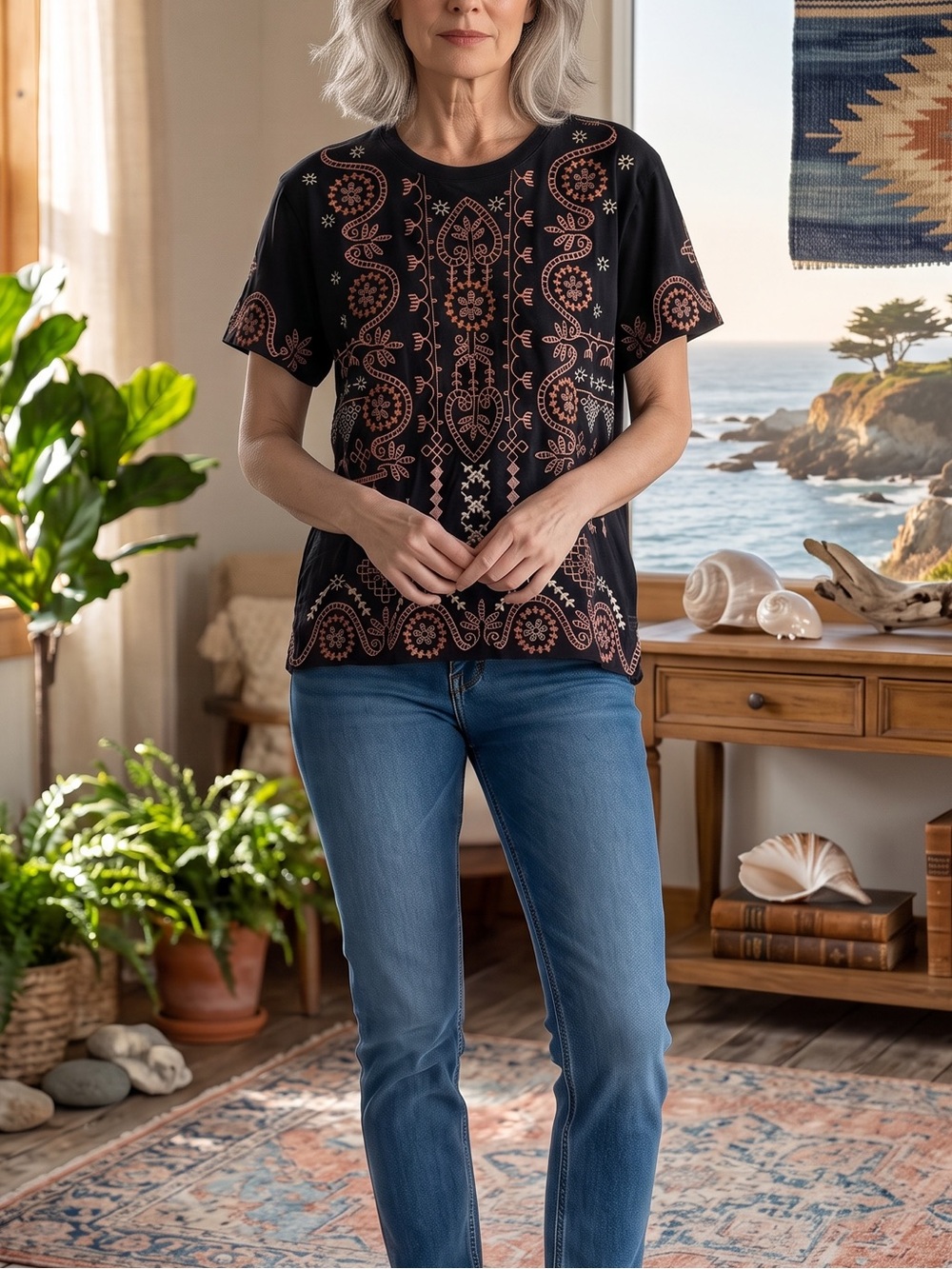 Johnny Was Black Short Sleeve Tee with Rust Paisley Embroidery